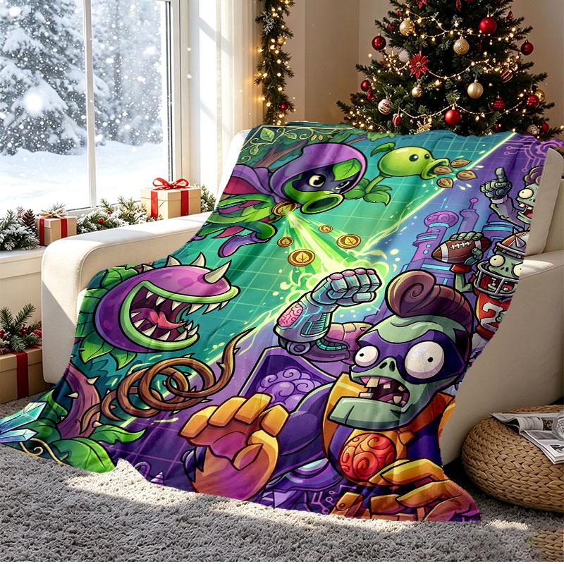 Plants VS Zombies Pattern Blanket for Home Decoration, Bed, Sofa, Car Travel, Camping, Suitable for All Seasons, Birthday Christmas Gift