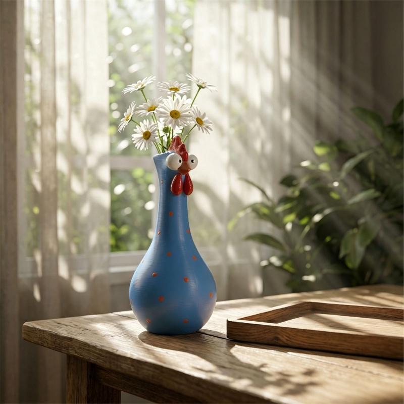 Colorful Dot Rooster Shape Flower Vases, 2 Piece Funny Resin Long Neck Chicken Sculpture For Living Room Office Decoration