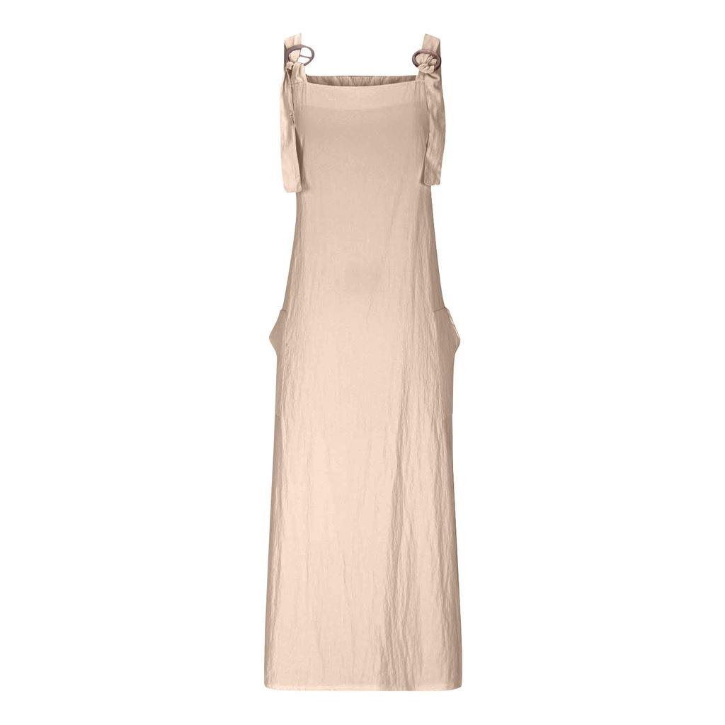 Women's Fashionable Color Square Neck Adjustable Shoulder Strap Casual Cotton And Linen Long Dress
