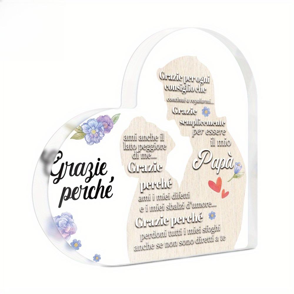 Italian Heart-Shaped Acrylic Sign Table Decor - Contemporary Farmhouse Style with Floral Design & 'Grazie' Thank You Message, Battery 