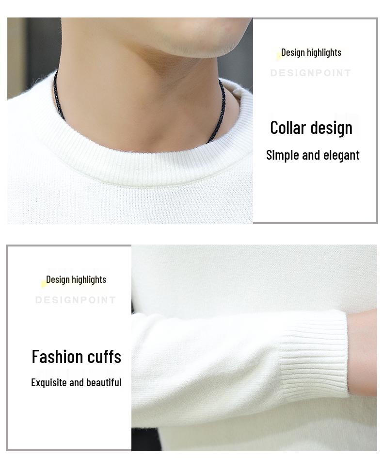 Men's White Round Neck Long Sleeve Knit Sweater for Spring, Autumn, and Winter