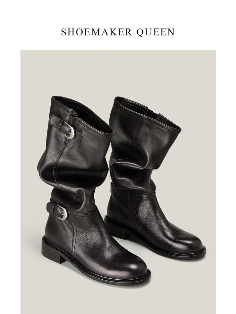 2025 nowy oryginalny design retro metalowa klamra okrągły nosek długie cholewki buty do zakładania gruby obcas trend rycerski buty za kostkę