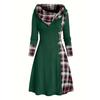 Knitted Hooded Dress Plaid Print Stitching Fake Buckle High Waist Long Sleeve A-line Dress Female