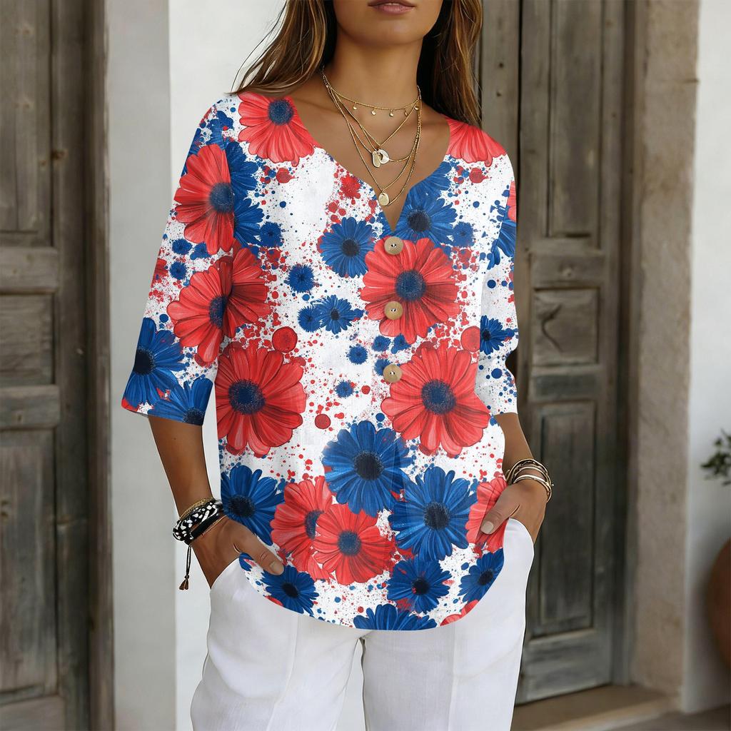 Women's V Neck Button Front Pullover Top Three Quarter Sleeve Casual Tunic Shirt with Independence Day Print