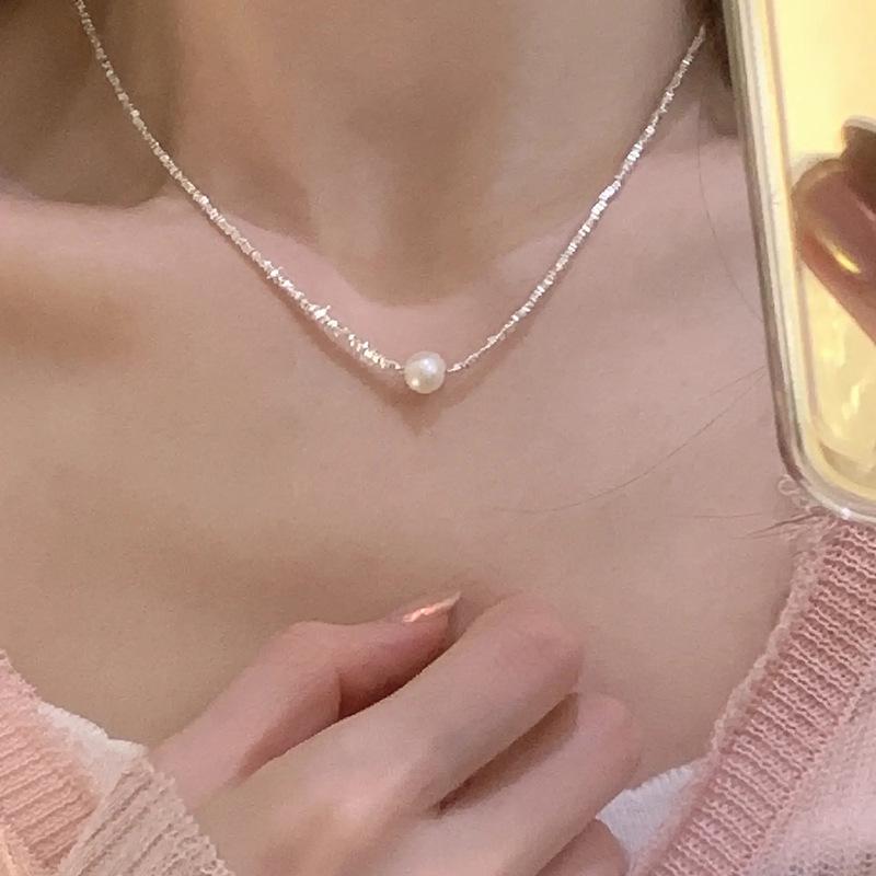 925 Sterling Silver Pearl & Irregular Cube Beaded Necklace Bracelet Set - French Xiaohongshu Style