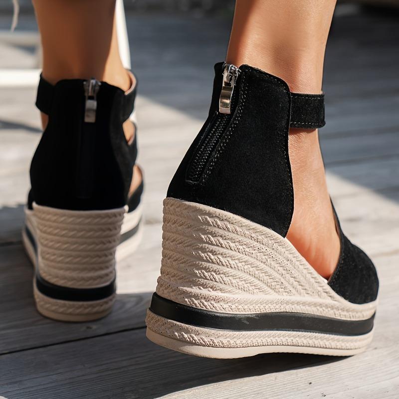 European and American Cross-border Large Size Waterproof Platform Muffin Sandals Women's Wedge Heel High Heel Back Zipper Fish Mouth Sandals