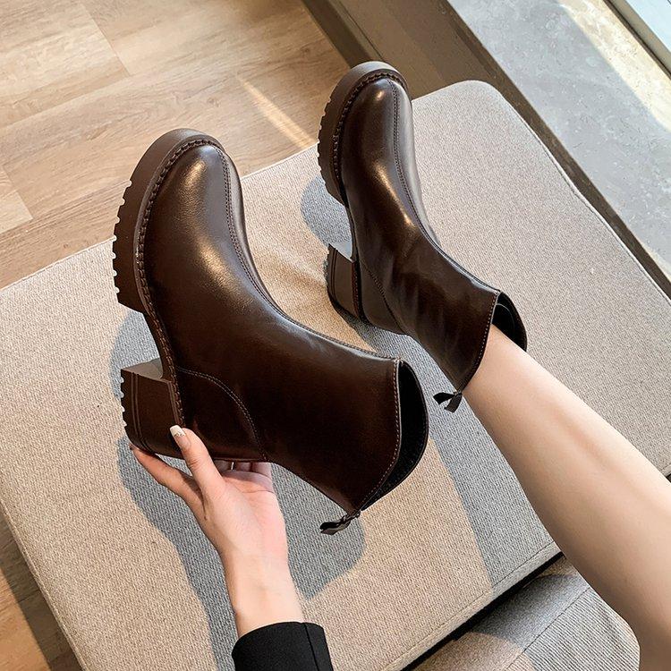 New Women'S British Style Ankle Boots - Chunky Sole Leather Booties With Rear Zipper, Fall/Winter Fashion Boots