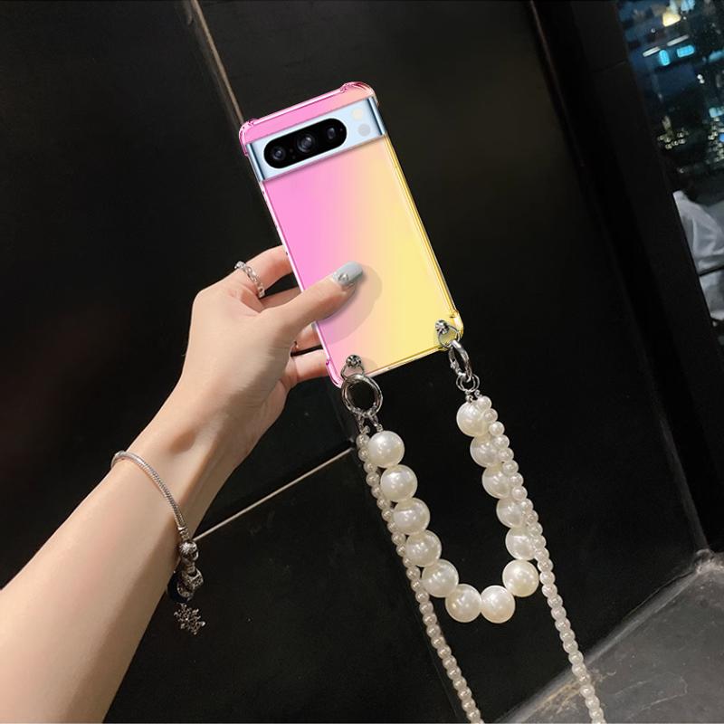 Crossbody Pearl Lanyard Case For Google Pixel 8 Pro Bracelet Chain Transparent Gradient Cases For Google Pixel 7 6A Silicone Phone Protective Cover
