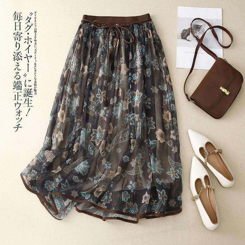 Summer new literary loose chiffon floral skirt women's medium and long anti-penetration gauze skirt A-shaped skirt