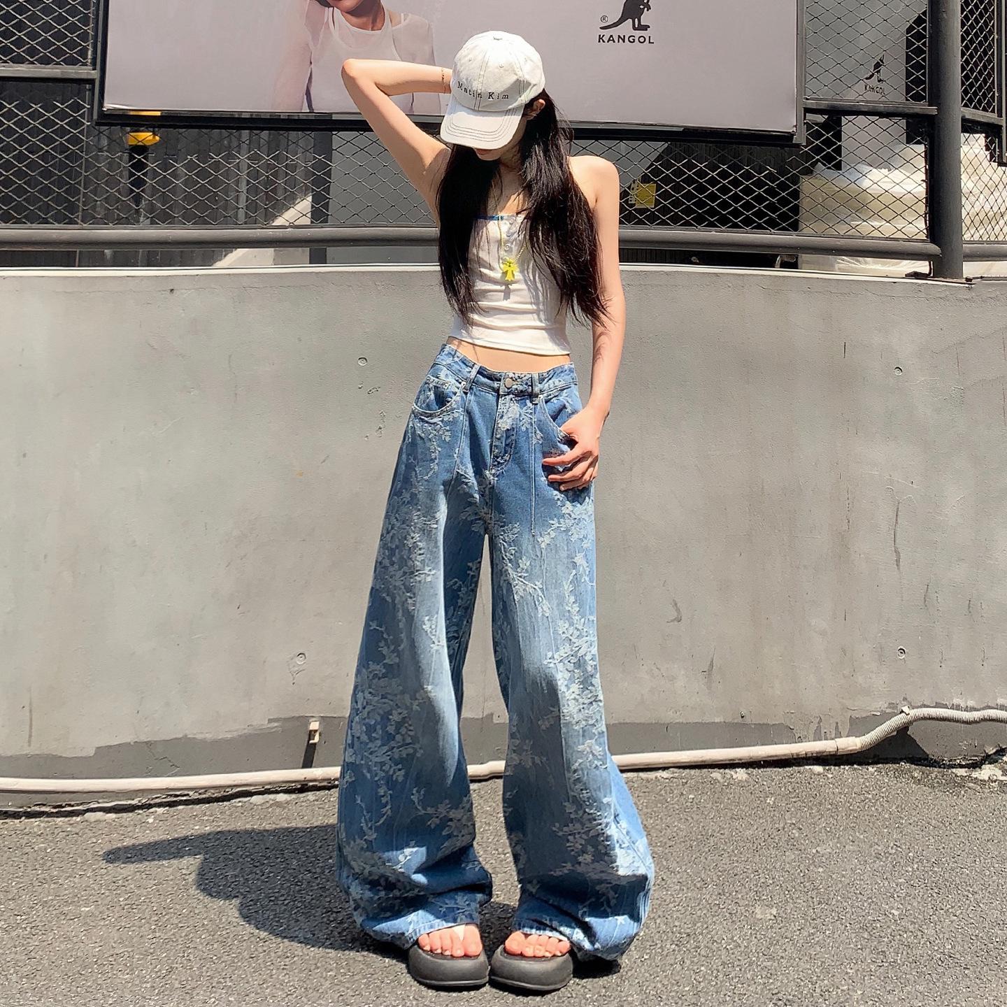 Women s Designer Jacquard Wide-Leg High-Waisted Summer 2025 Floor-Length Slimming Jeans XL