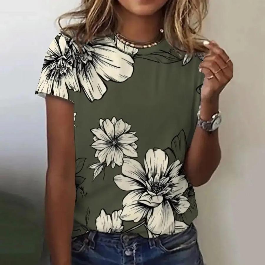 

Летний топ с круглым вырезом, 3D-принтом с цветочным узором, модная повседневная женская футболка с коротким рукавом XS