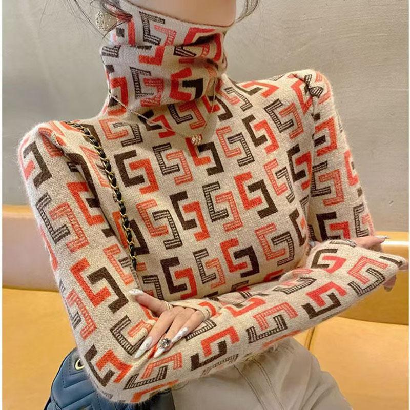 Cămașă cu gât înalt pentru femei toamnă și iarnă nou pulover imprimat pulover slim fit, slim și cald, interior interior