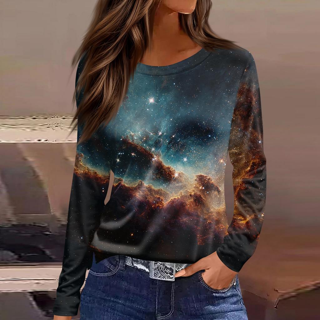 Women's Fashion Casual Slit Hem Round Neck Long Sleeve Loose Printed T,Shirt Ladies Top