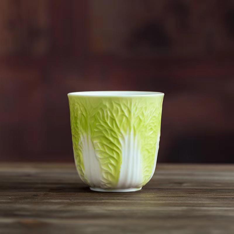 Handmade Ceramic Mutton Fat Jade Porcelain Cabbage Cup Fortune Tea Set for Home Gongfu Tea Ceremony Wealth Symbolism Gift 150ml