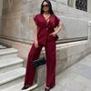 Burgundy V-Neck Short Sleeve Top and Wide Leg Pants Set