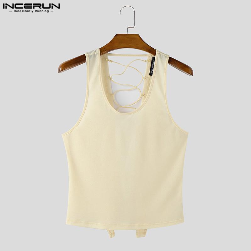 INCERUN Men U Neck Sleeveless Back Bandage Fitted Tank Tops