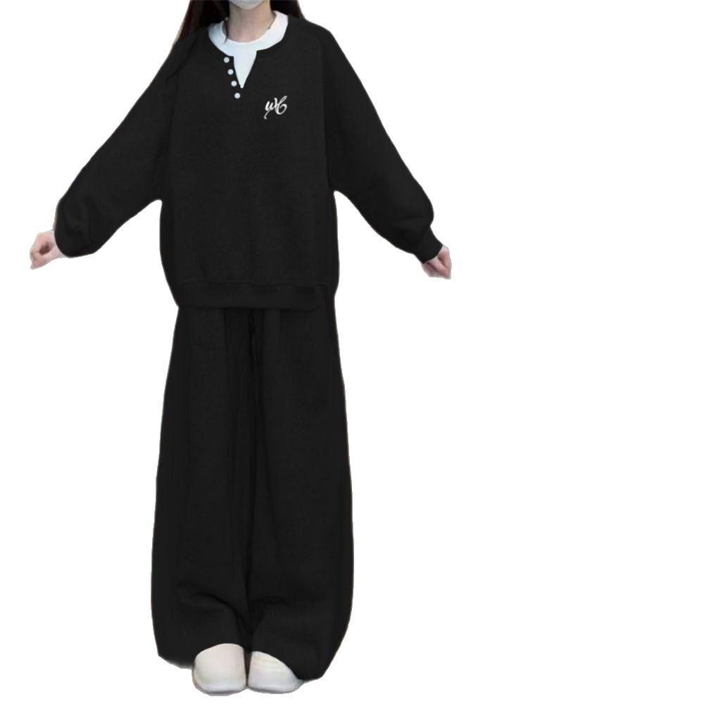 Korean Style Two-Piece Hoodie and Wide-Leg Pants Set for Women - Plus Velvet Thickened Fashion