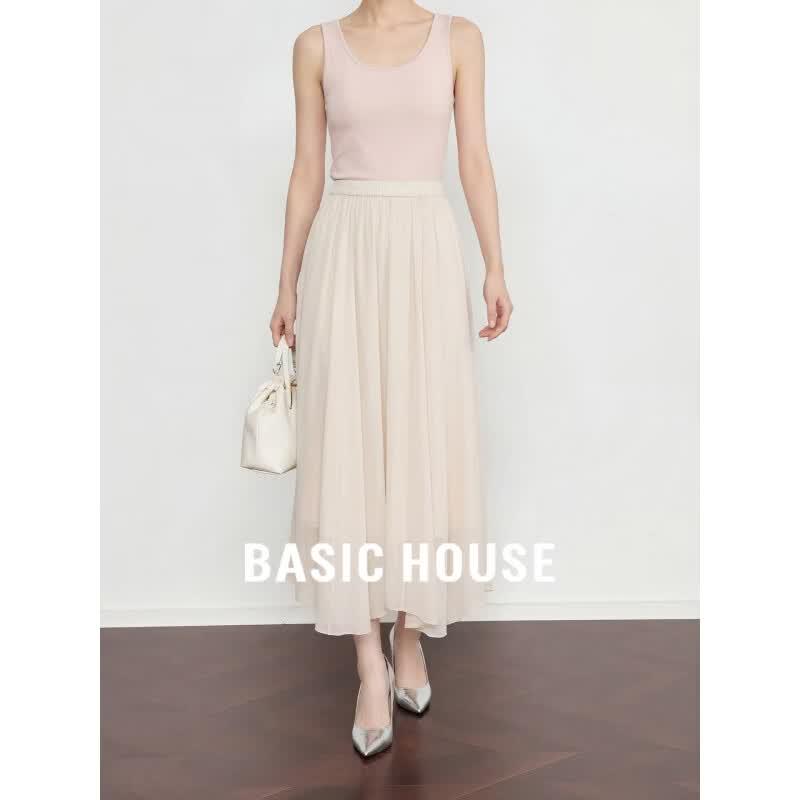 Basic House Women s High-Waist Pleated A-Line Skirt L
