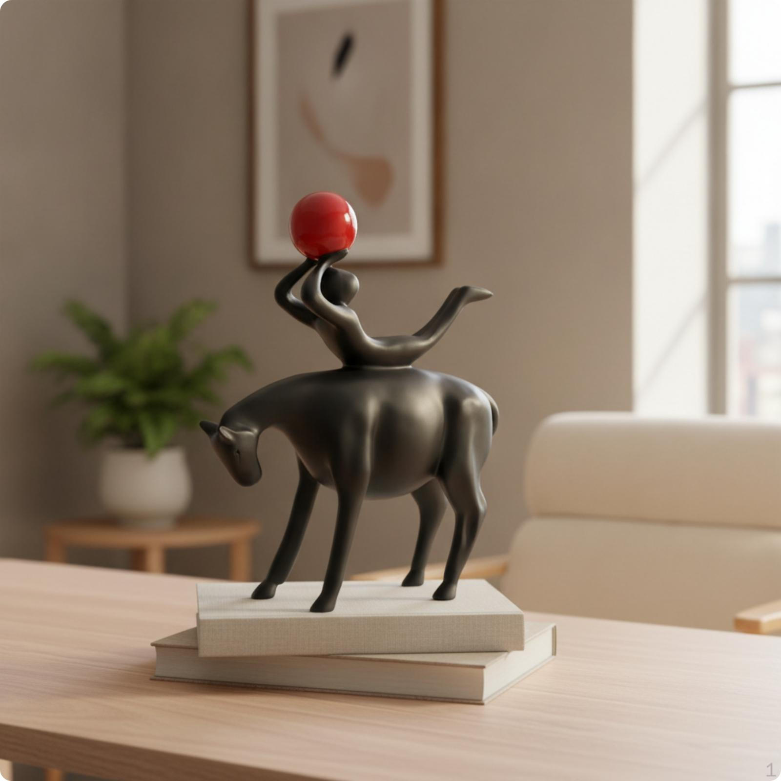 Horse Sculpture with Sphere Matte Black Statue Equestrian Figure Modern Figurine for