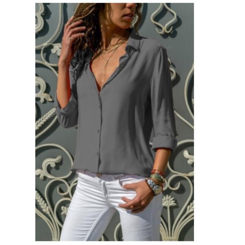 Damska modna nowa koszula z długim rękawem i głębokim dekoltem w serek, szyfonowa