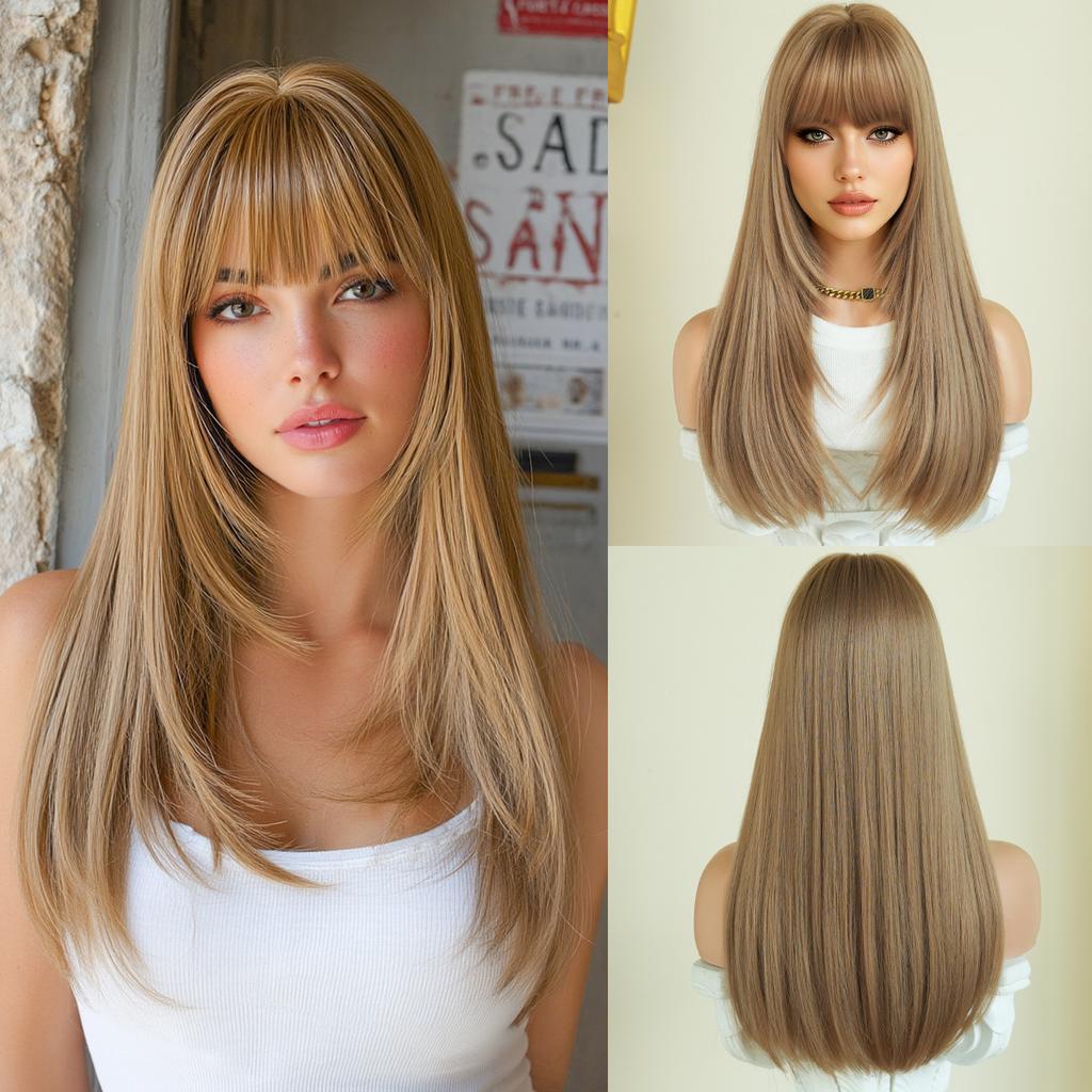 High Quality 20 Inch Shoulder Length Wig Women Natural Black Layered Full Head Cover Bangs Straight Hair Export