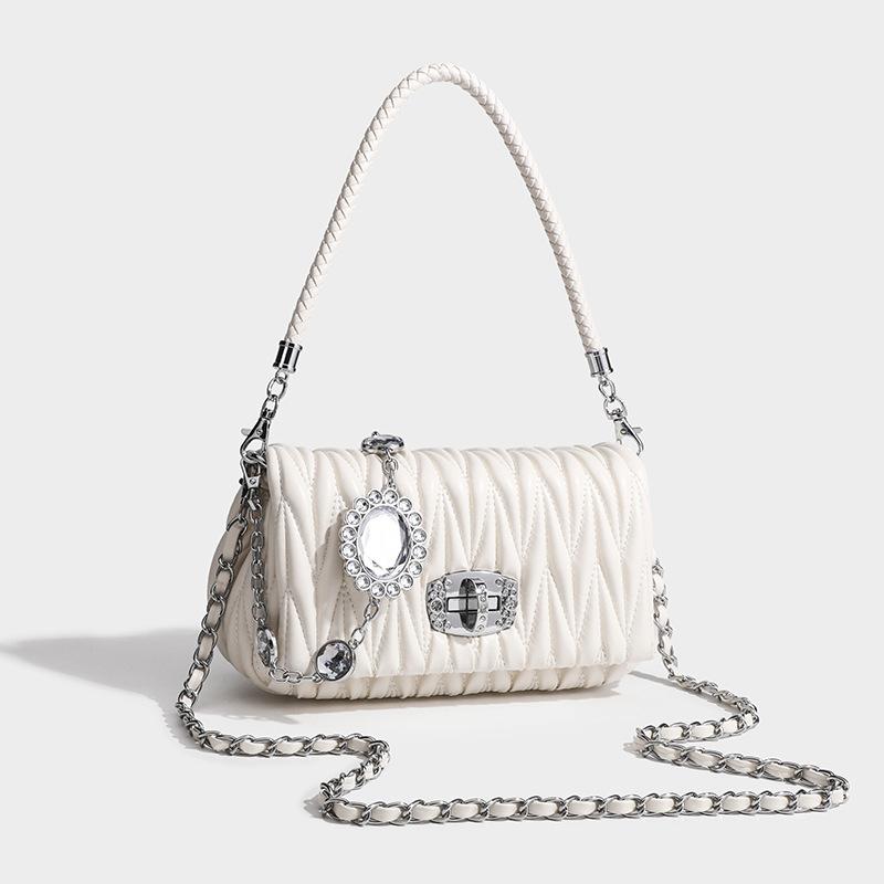Leather Armpit Bag, New Korean Style Fashionable Crossbody Women's Bag, High-end Rhinestone Small Square Bag, Chain Bag, Pleated Bag