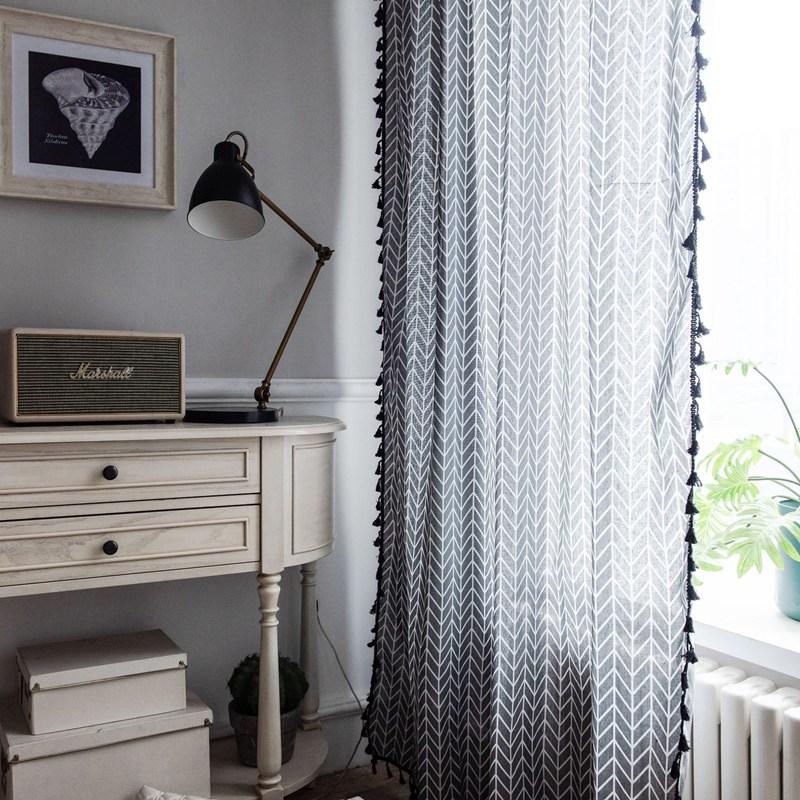 Grey Geometric Tassel American Style Small Window Kitchen Valance Cotton Hemp Semi-shading Bay Window Living Room Bedroom Drapes