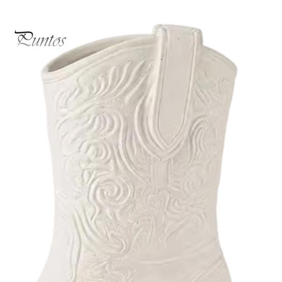 Rustic Desktop Ornament Western Cowboy Boot Vase, White Matte Relief Decorative Flower Pot, Vintage Art Piece PETG for Dried Flowers Home Decor