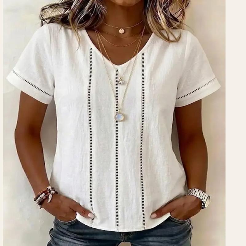Women V Neck Short Sleeve Lace Splicing Casual Loose Blouse Top S белый