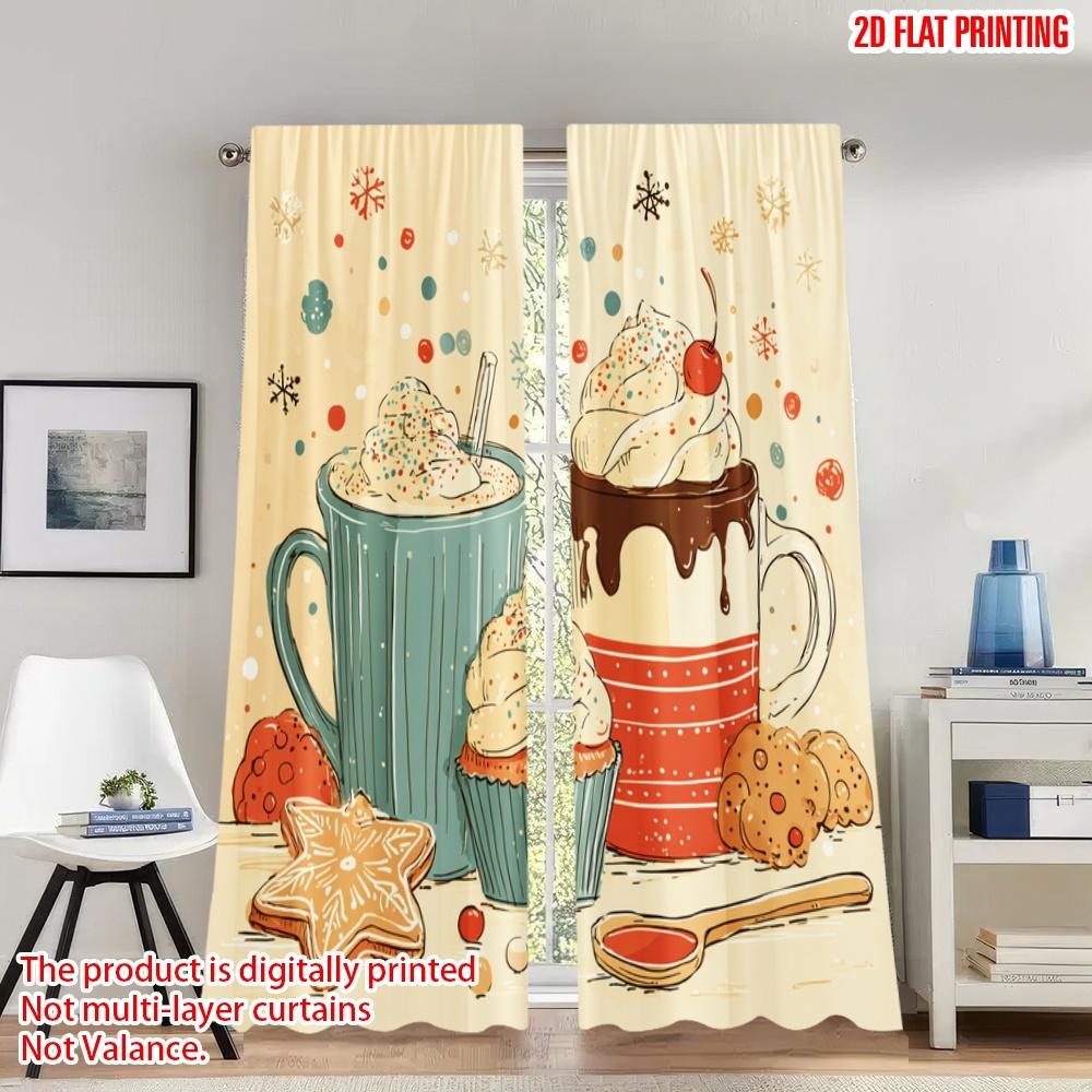 

Set Of 2 Flat Printing Happy Christmas Party Curtains Cozy Holiday Drinks Treats Digital Printed Polyester Drapes Curtain Made W100*H70(CM)-Hooks&1PCS