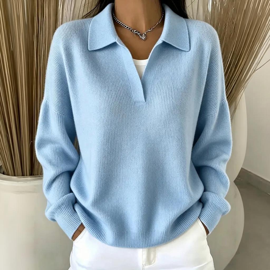 Women's V-Neck Collared Ribbed Knit Loose Fit Casual Sweater for Spring and Fall