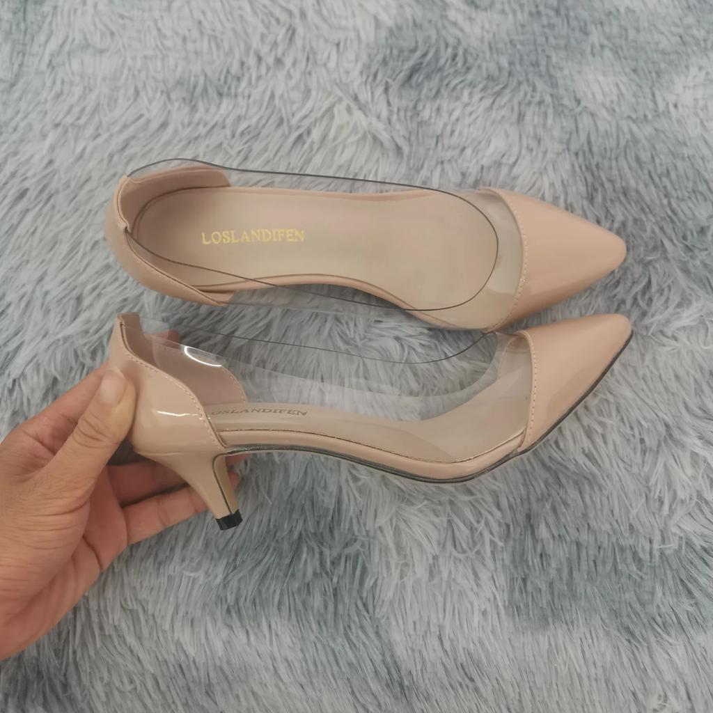 Women Pumps  Spring Autumn Sexy Transparent PVC 5cm Low Heel Fashion Pointed Toe Slip-on High Heels Party Wedding Shoes