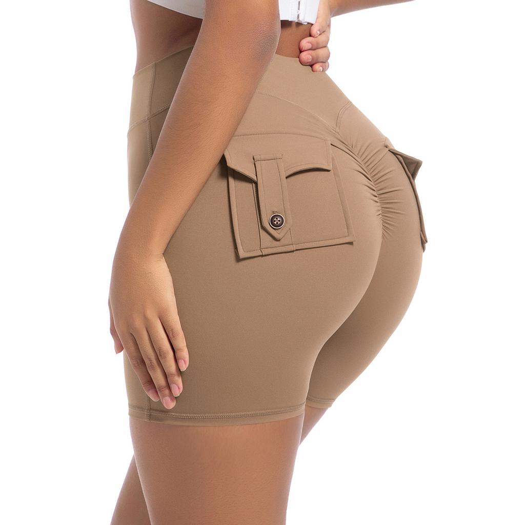 Workwear Pocket Tight Shorts Women's High Waist Elastic Hip Lifting Button Yoga Pants Speed Drying Running Fitness Pants