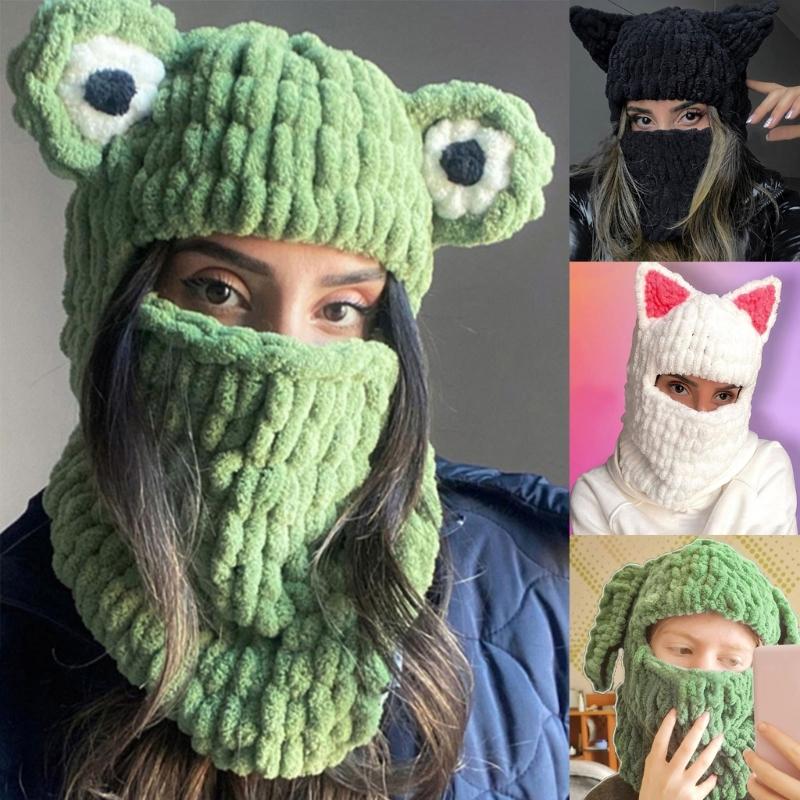 Winter Hat Cartoon Knitting Hat Cute Animal Ear Cosplay Hat Outdoor Sport Hat Woolen Caps Windproof Headwear Balaclava