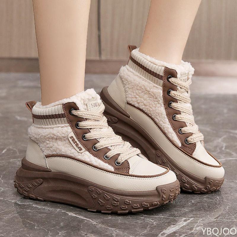 New Autumn Winter Cotton Shoes with Thick Soles for Warmth High Top Color Blocking Height Increasing Simple Women's Shoes