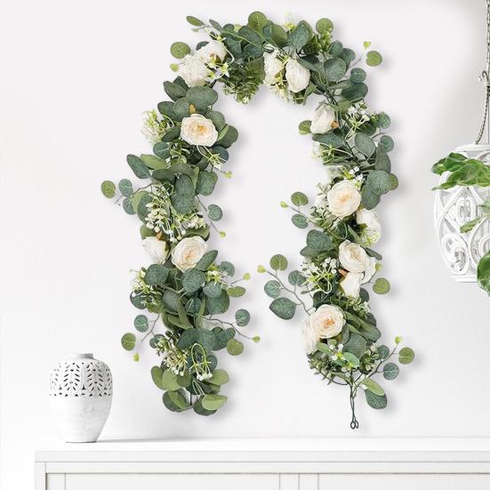 Artificial Eucalyptus Flower Garland with Rose Faux Floral Greenery Garland Fake Rose Flower Vine for Wedding Party Wall Backdrop Decor