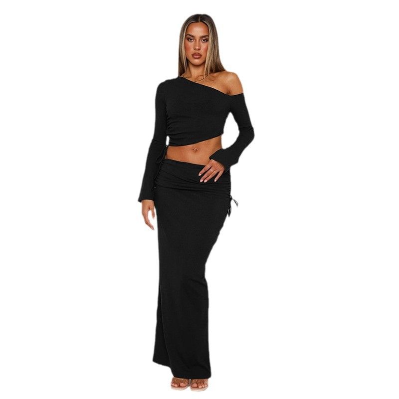 European and American Women's Clothing Cross-Border New Arrival Temperament Pure Color One Shoulder Midriff-Baring Top Slim Skirt Two-piece Set Pack