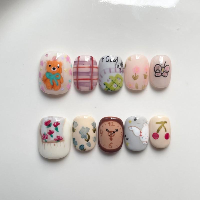Hand-Painted Press-On Nails Short Square Cat Eye Design Cute Kawaii Style Wearable Nail Tips Women