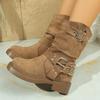 Fashion Fashion Metal Decor Mid Calf Boots for Women Khaki Faux Suede Chunky Heel Combat Booties Woman Autumn Winter Slip On Botas Mujer