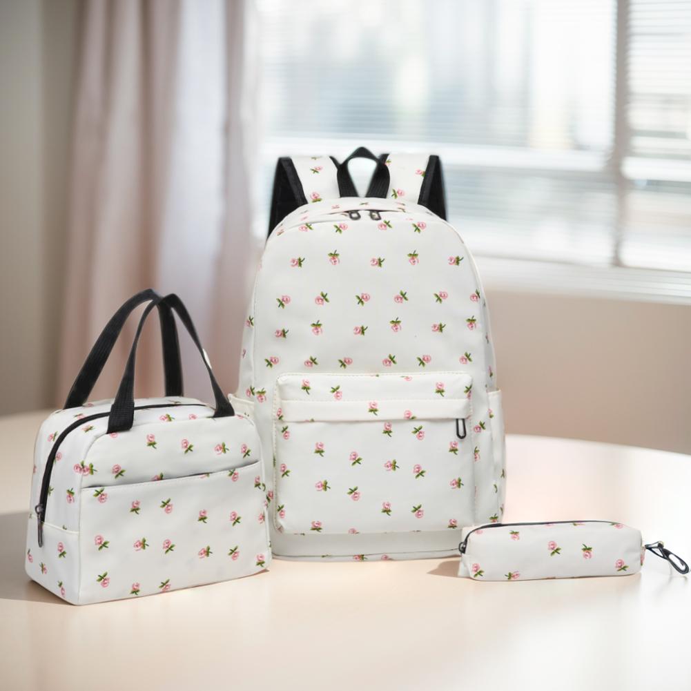 

3Pcs Floral Backpack Set Nylon Laptop Backpack with Lunch Bag & Pen Case School Bookbag Set Large Capacity Travel Daypack