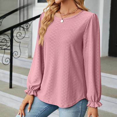 Moda Feminina Casual Cor Sólida Estampa Verão Primavera Manga Longa Gola Redonda Blusas e Camisas
