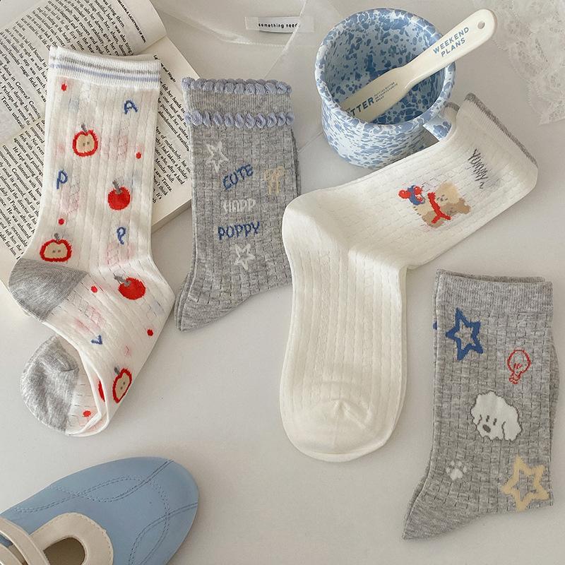 Female Summer Thin Mesh Breathable Preppy Cartoon Tube Cotton Socks