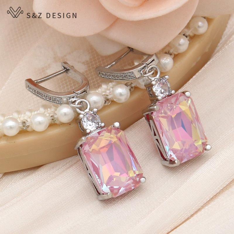Boucles d'oreilles pendantes rectangulaires en cristal, couleur or rose, pour femmes, bijoux de mariage en zircone cubique