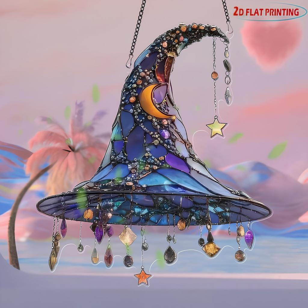 Halloween 2D Acrylic Witch Hat Hanging Decoration With Moon And Star Dangles, Window Ornament