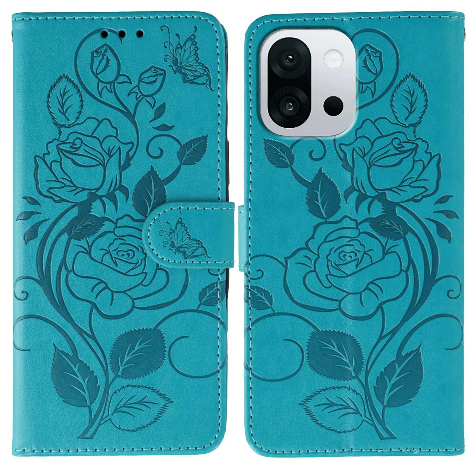 

For OnePlus 13T 5G Case Wallet Stand Imprinted Rose Butterfly PU Leather Phone Cover Blue