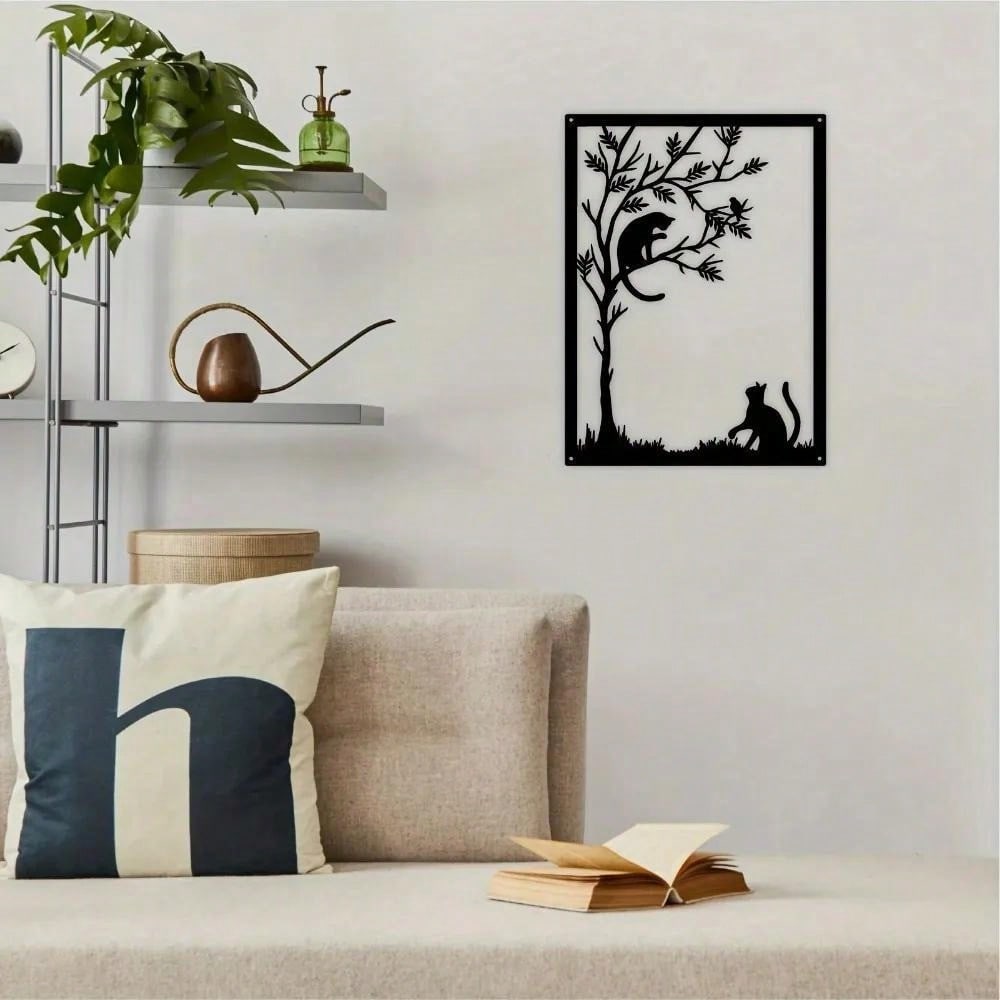 Modern Cat Silhouette Metal Wall Art Black White Branch Design Indoor Outdoor Decor Pet Lovers Gift