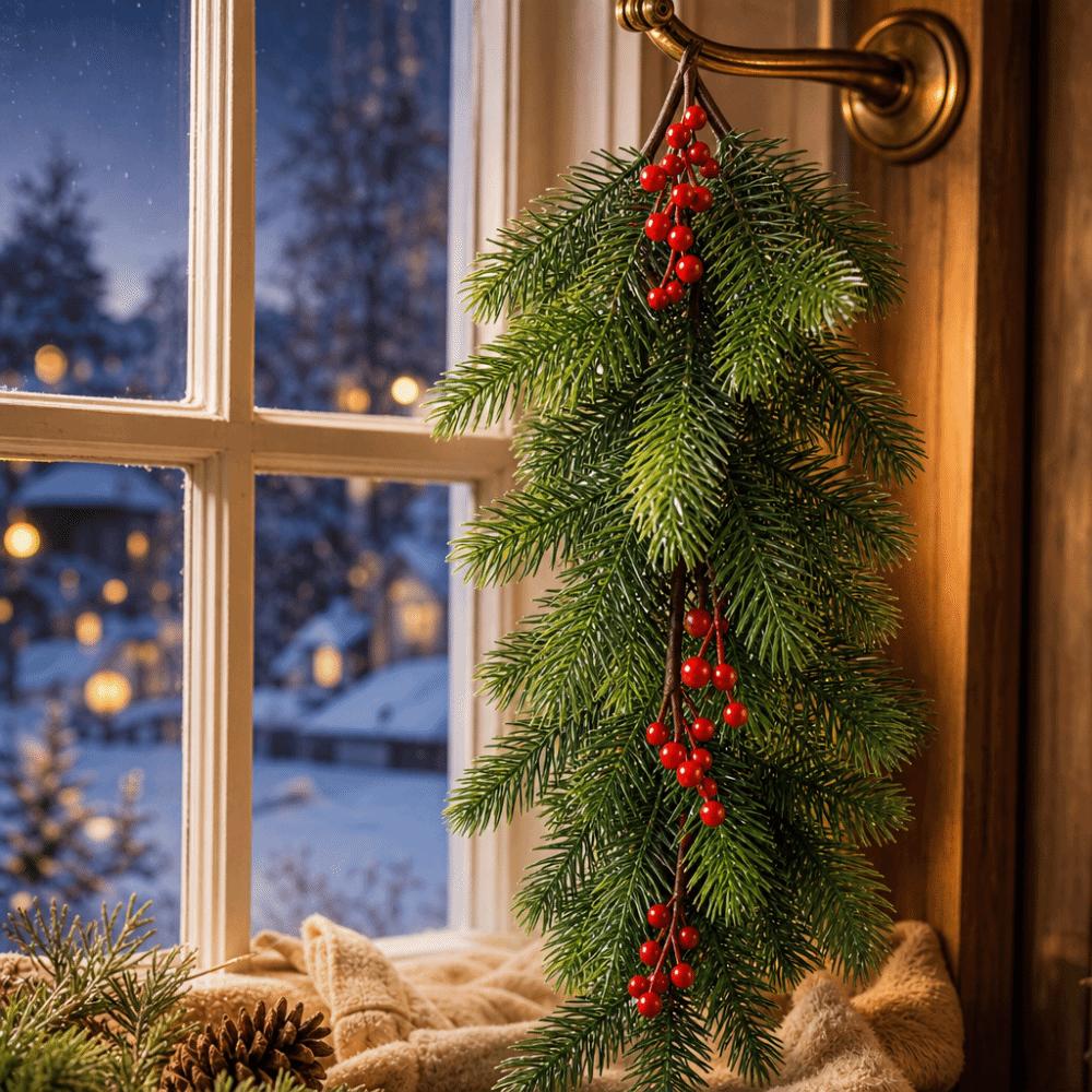 1 pc Plastic Artificial Pine Hanging Spray Realistic Red Berries Teardrop Swag  Front Door