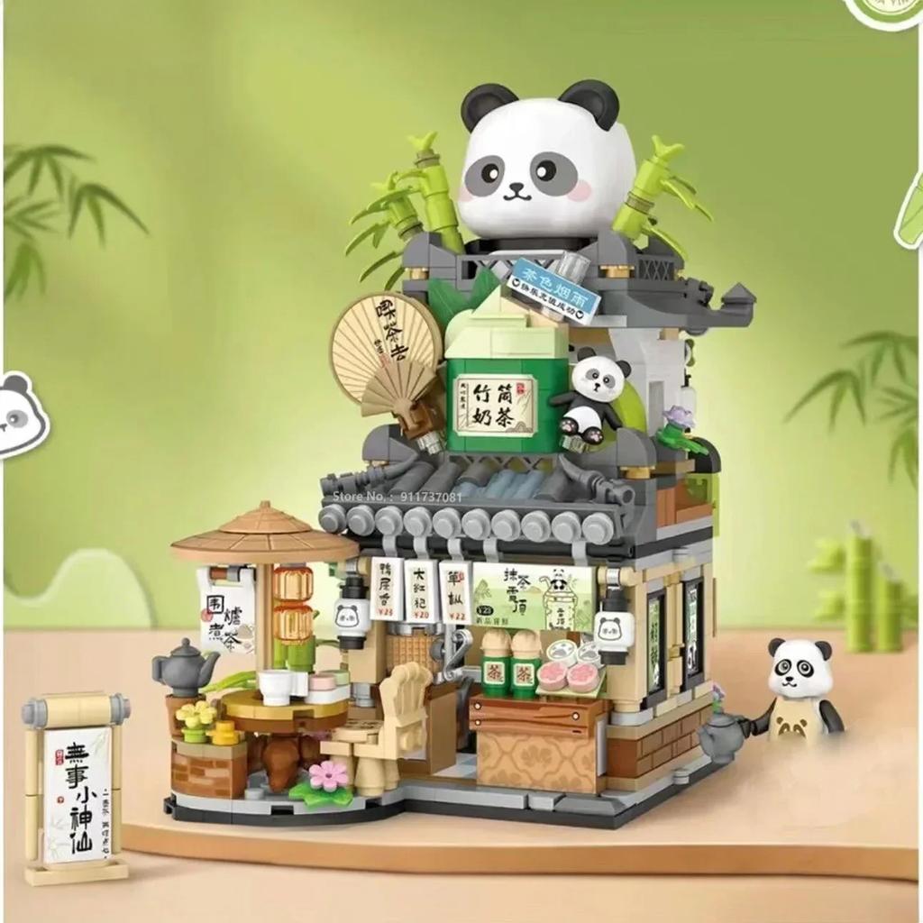 Mini Street View Building Blocks Bear Coffee Shop Foldable Panda Milk Tea Cartoon Street Shop Store Model Bricks Stacking High Quality