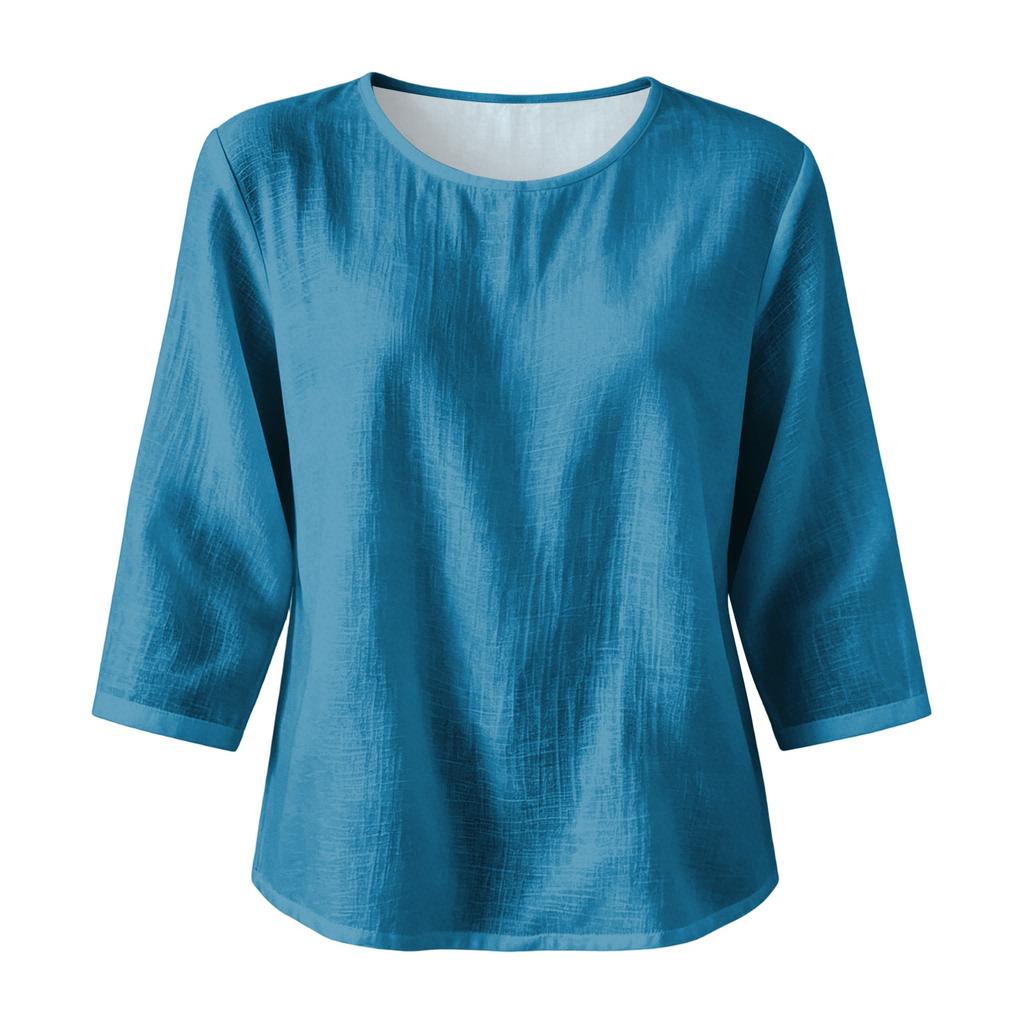 Damen Baumwolle Leinen Farbe Rundhals 3/4 Ärmel Bluse Lässiges Oberteil