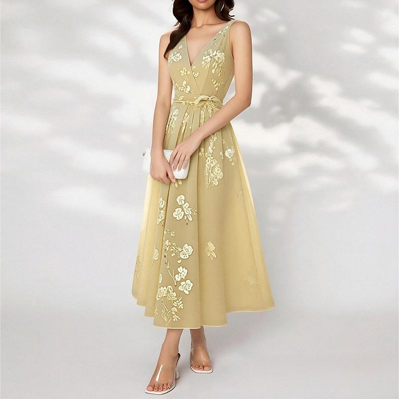 2026 women's spring new, Amazon cross-border Europe and the United States, elegant temperament printed waist lace-up dress